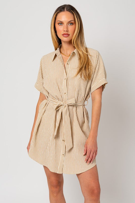 TEEK - Cream-Taupe Stripe Half-Sleeve Buttoned Shirt Dress DRESS TEEK FG CREAM-TAUPE STRIPE S 
