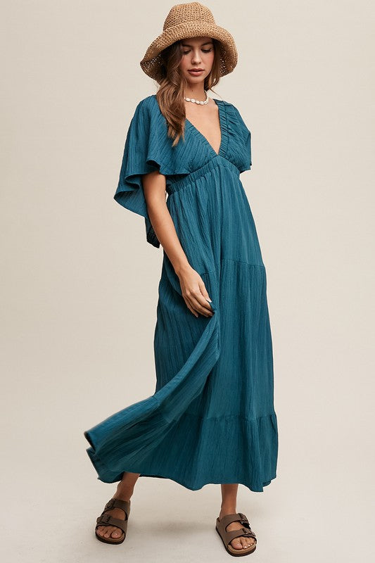 TEEK - Emerald Green V-neck Ruffle Sleeve Flowy Dress DRESS TEEK FG   