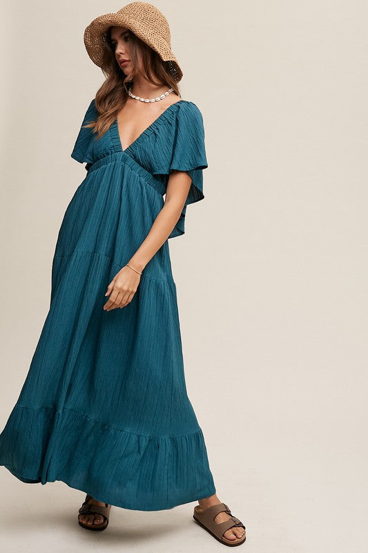 TEEK - Emerald Green V-neck Ruffle Sleeve Flowy Dress DRESS TEEK FG   