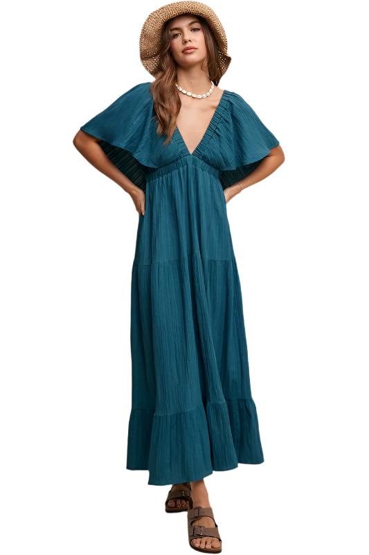 TEEK - Emerald Green V-neck Ruffle Sleeve Flowy Dress DRESS TEEK FG S  