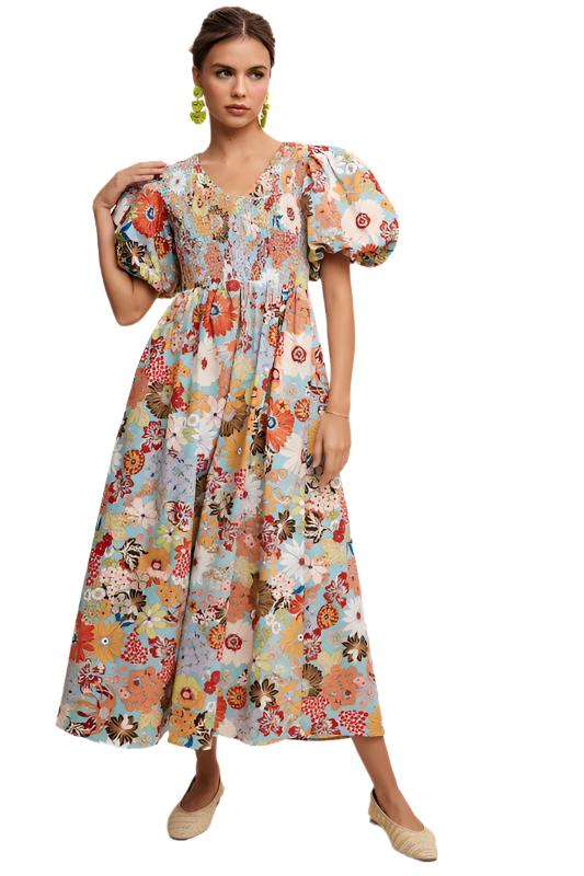 TEEK - Aqua Flower Smocked V-neck Puff Sleeve Dress DRESS TEEK FG S  