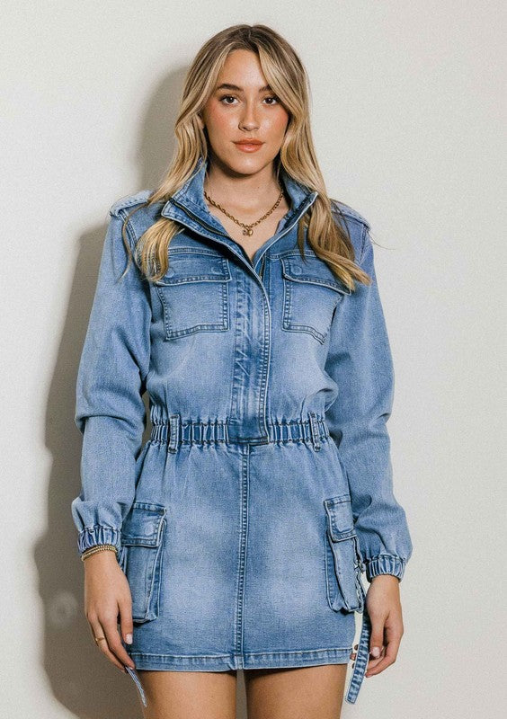 TEEK - Medium Stone Long Sleeve Denim Romper Skirt JUMPSUIT TEEK FG S  