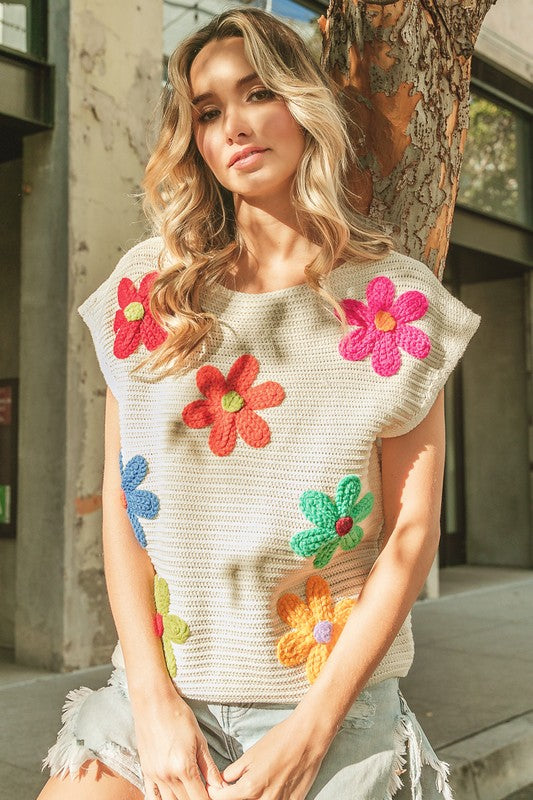TEEK - Ivory Multi Crochet Flower Embroidery Knit Top TOPS TEEK FG   