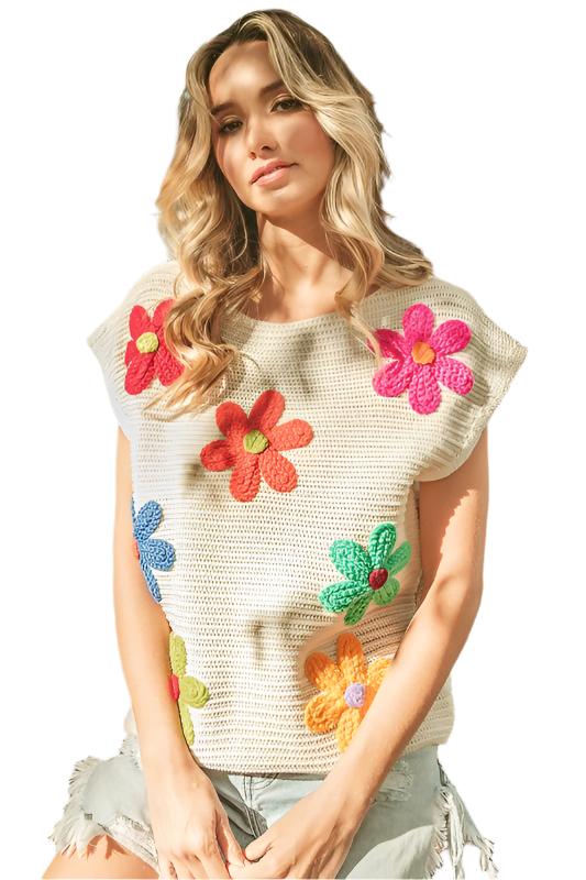 TEEK - Ivory Multi Crochet Flower Embroidery Knit Top TOPS TEEK FG   