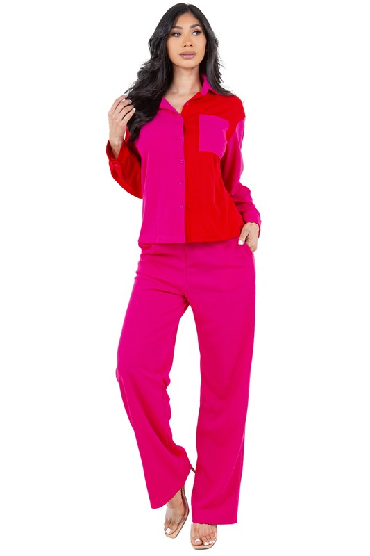 TEEK - FUCHSIA COLOR BLOCK BUTTONED TWO PIECE SET SET TEEK FG   