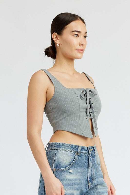 TEEK - GREY WHITE SQUARE NECK TOP WITH LACE UP FRONT TOPS TEEK FG   
