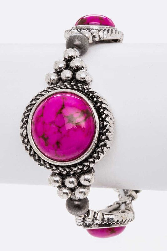 TEEK - Stone Station Western Stretch Bracelet JEWELRY TEEK FG SILVER/FUCHSIA  