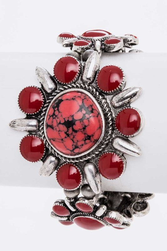 TEEK - Genuine Stone Flower Stretch Bracelet JEWELRY TEEK FG Silver/Red  