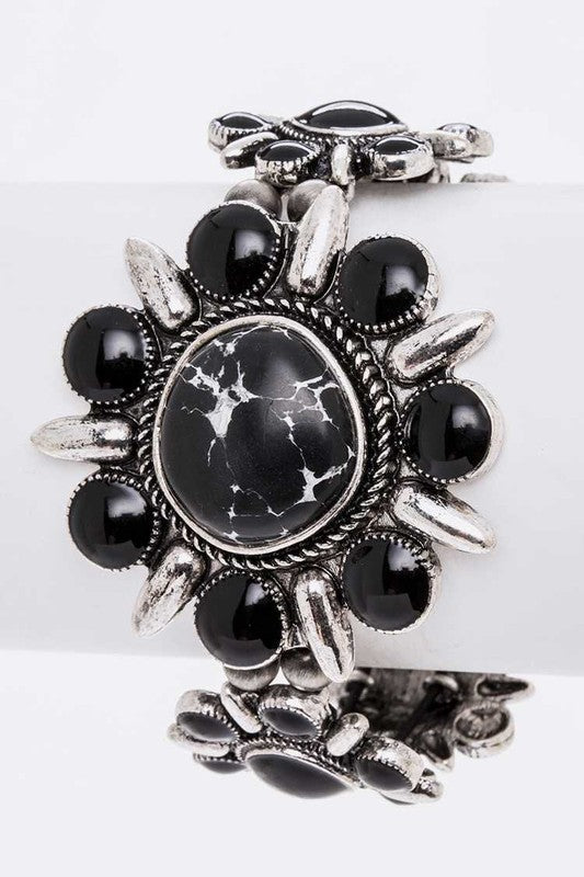 TEEK - Genuine Stone Flower Stretch Bracelet JEWELRY TEEK FG Silver/Black  