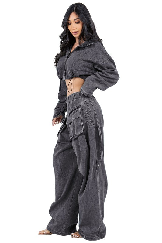 TEEK - DENIM TWO PIECE CROPPED POCKETED PANTS SET SET TEEK FG   