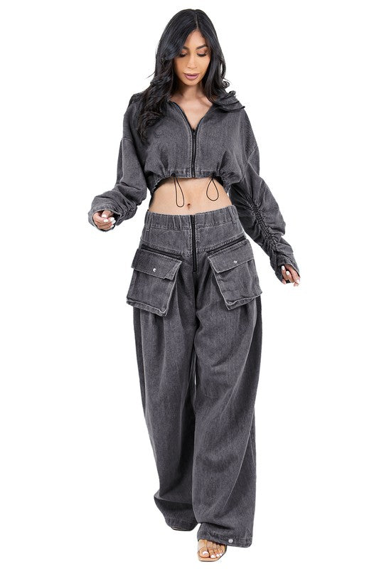 TEEK - DENIM TWO PIECE CROPPED POCKETED PANTS SET SET TEEK FG   