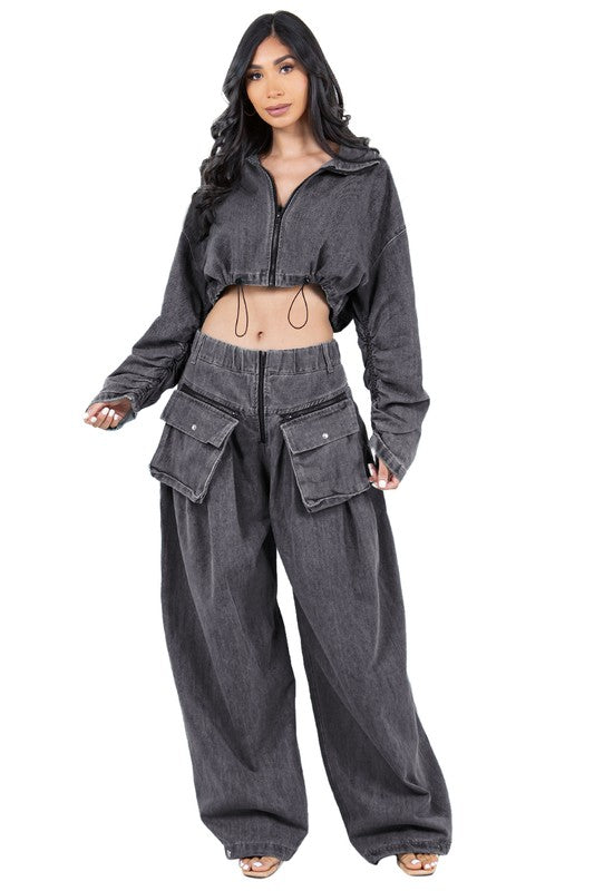 TEEK - DENIM TWO PIECE CROPPED POCKETED PANTS SET SET TEEK FG BLUE L 