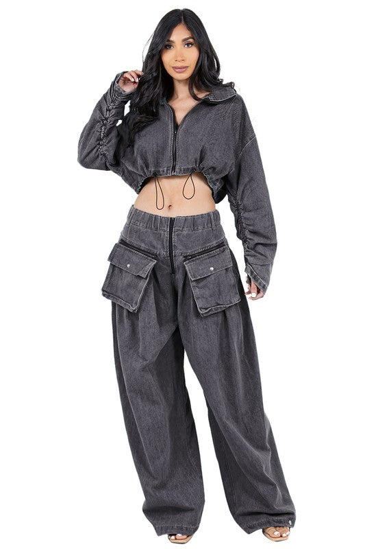 TEEK - DENIM TWO PIECE CROPPED POCKETED PANTS SET SET TEEK FG   