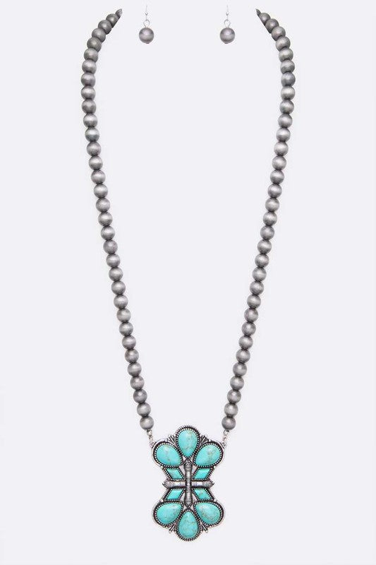 Turquosie Squash Blossom Pendant Beads Necklace JEWELRY TEEK FG   