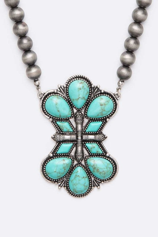 TEEK - Turquosie Squash Blossom Pendant Beads Necklace JEWELRY TEEK FG   