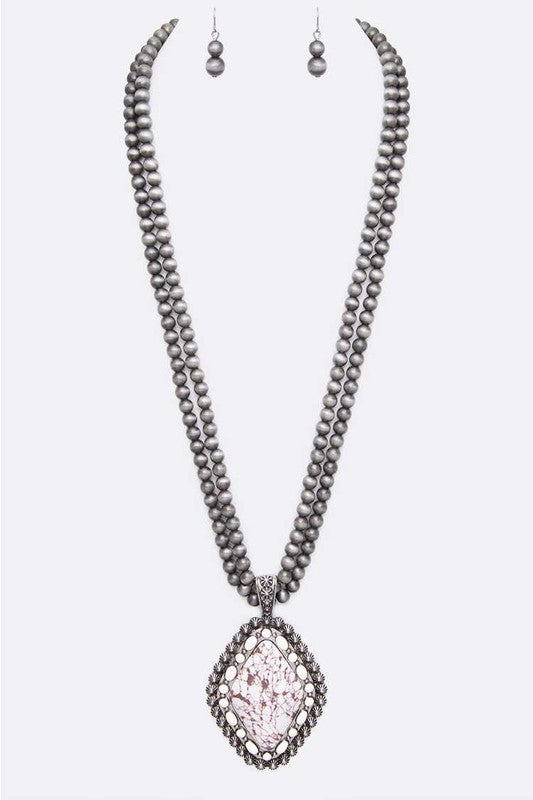 TEEK - Silver/White Large Stone Navajo Beads Long Necklace Set JEWELRY TEEK FG   