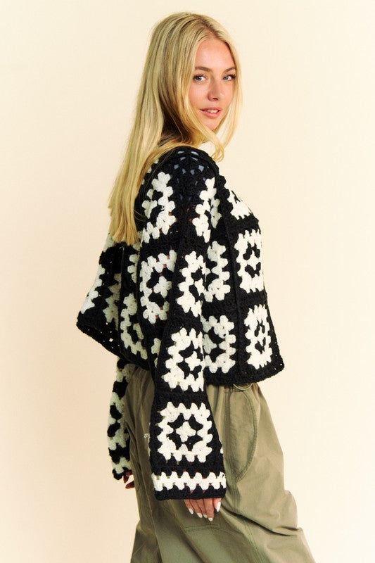 TEEK - White Black Two Tone Flower Square Crochet Open Front Cardigan SWEATER TEEK Trend