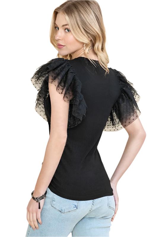 TEEK - Ribbed Ruffle Dot Tulle Mesh Sleeve Ttop TOPS TEEK FG Black S 