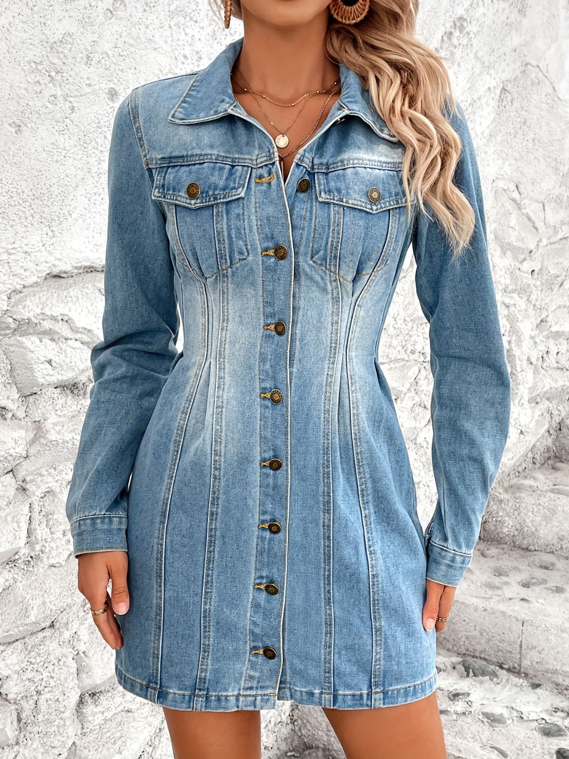 TEEK - Pocketed Button Up Long Sleeve Medium Wash Denim Dress  TEEK Trend   