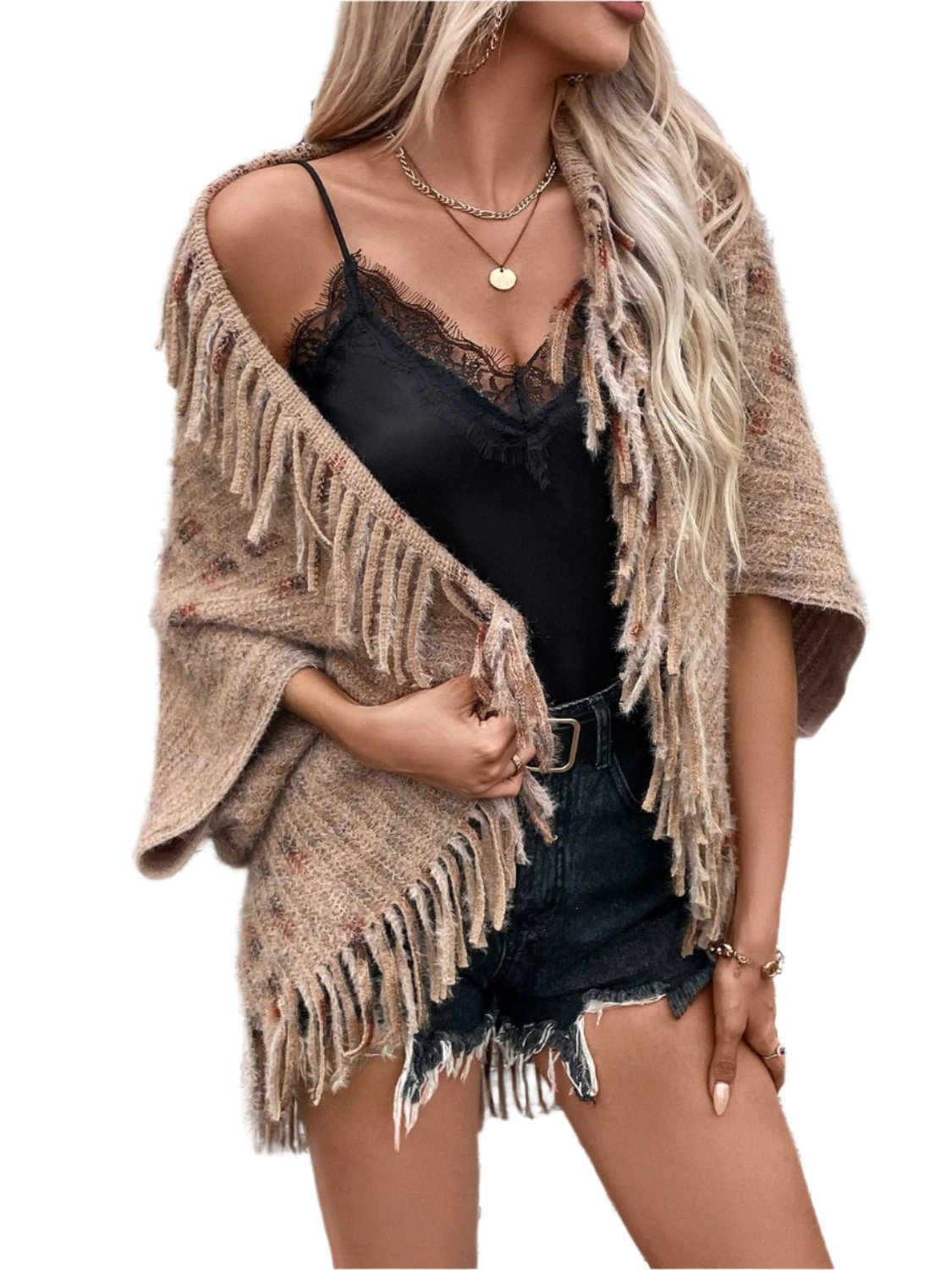 Fringe Open Front Half Sleeve Poncho Trendsi Camel One Size