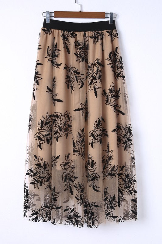 TEEK - Apricot Floral Leaves Embroidered High Waist Skirt SKIRT TEEK FG   