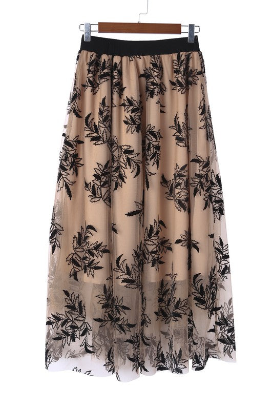 TEEK - Apricot Floral Leaves Embroidered High Waist Skirt SKIRT TEEK FG   