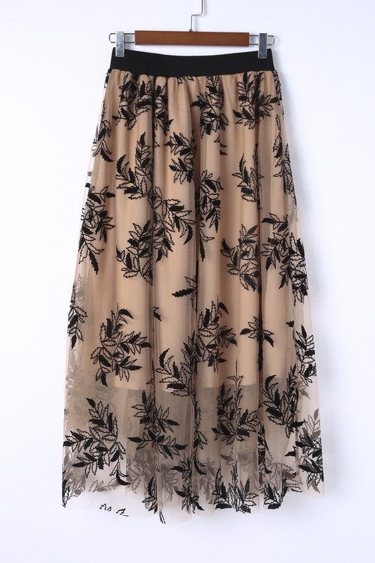 TEEK - Apricot Floral Leaves Embroidered High Waist Skirt SKIRT TEEK FG   