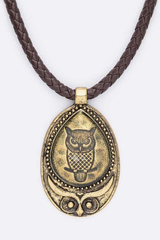 TEEK - Vintage Owl Pendant Braided Leather Necklace JEWELRY TEEK FG Gold/Brown  