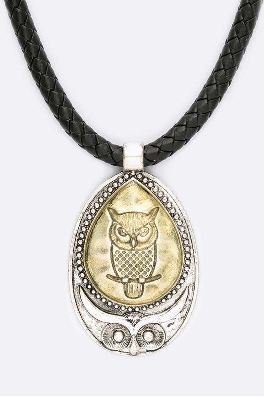 TEEK - Vintage Owl Pendant Braided Leather Necklace JEWELRY TEEK FG Silver/Black  