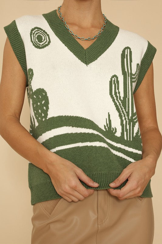 TEEK - Green Desert Landscape Cactus Sweater Vest TOPS TEEK FG S  