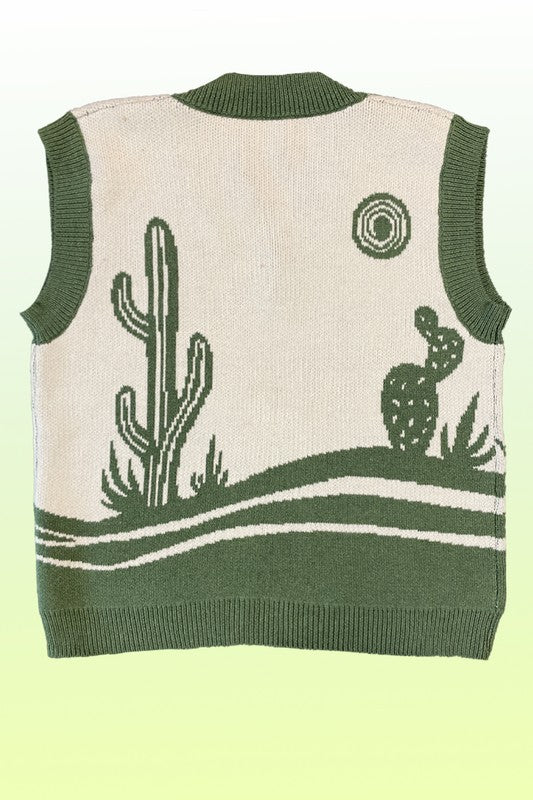 TEEK - Green Desert Landscape Cactus Sweater Vest TOPS TEEK FG   