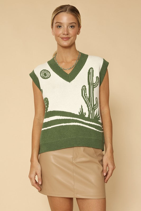 TEEK - Green Desert Landscape Cactus Sweater Vest TOPS TEEK FG   