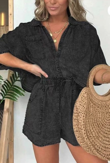 TEEK - Denim Washed Drawstring Waist Romper JUMPSUIT TEEK FG Black S 