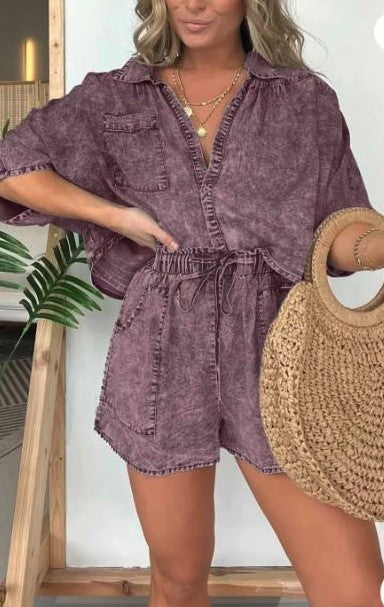 TEEK - Denim Washed Drawstring Waist Romper JUMPSUIT TEEK FG Purple S 