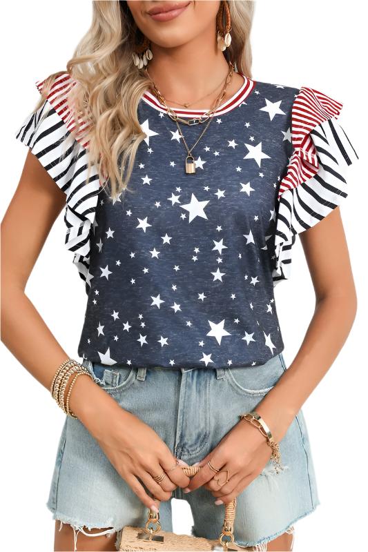 TEEK - Flag Stripe Ruffle Sleeve Star Shirt USA TOPS TEEK FG S  