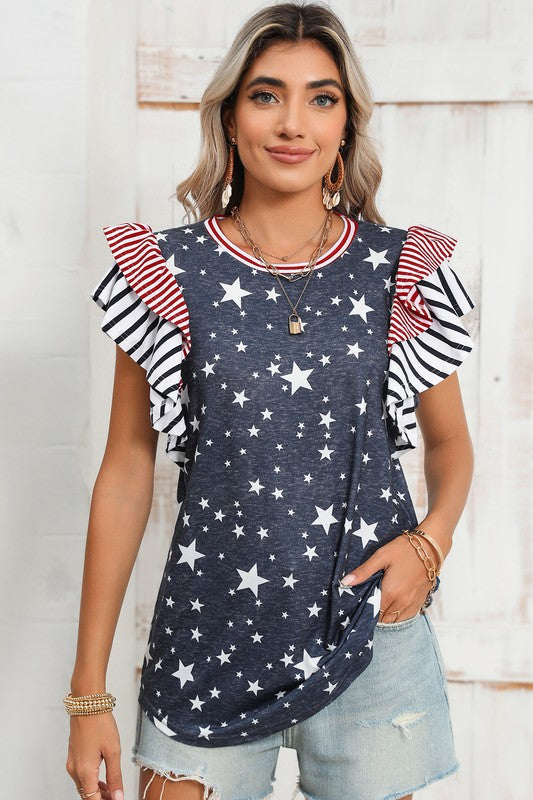 TEEK - Flag Stripe Ruffle Sleeve Star Shirt USA TOPS TEEK FG   