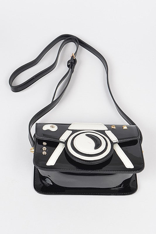 TEEK - Black White Patent Finish Iconic Camera Crossbody Bag BAG TEEK FG   