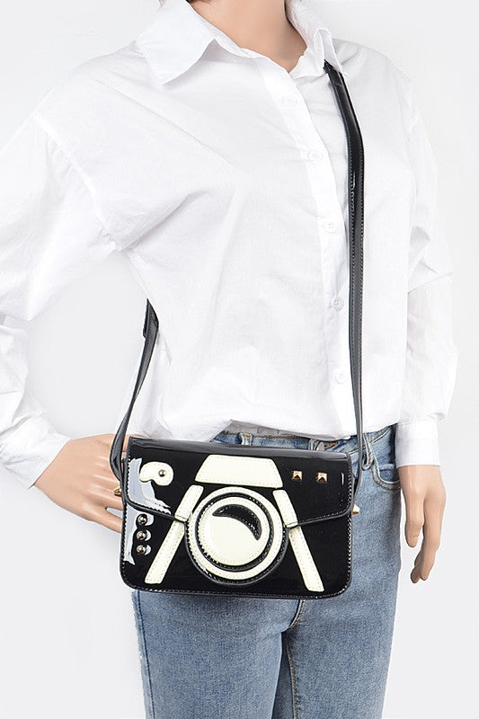 TEEK - Black White Patent Finish Iconic Camera Crossbody Bag BAG TEEK FG   