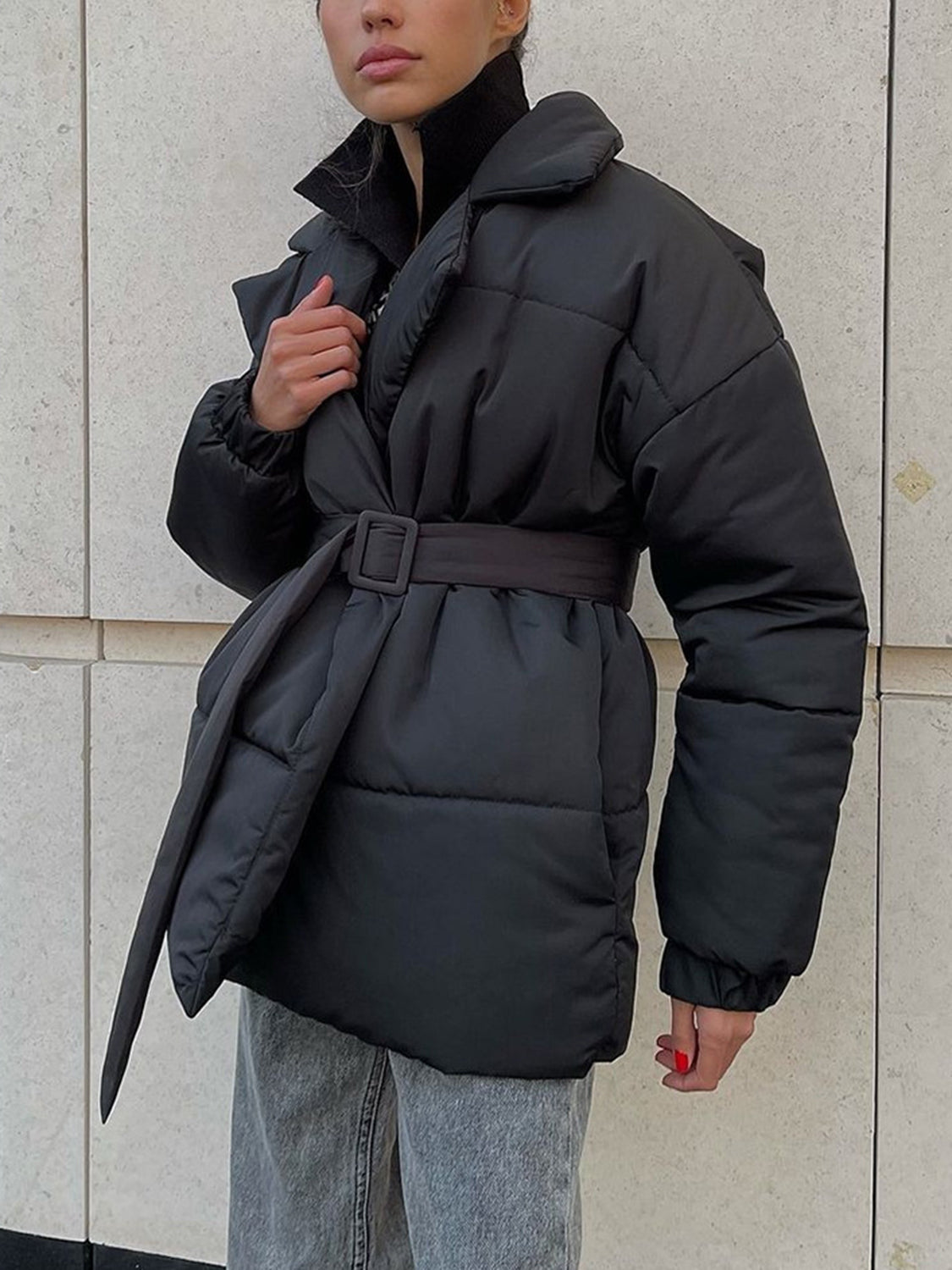 Puffer Long Sleeve Winter Coat with Belt TEEK Trend Black S