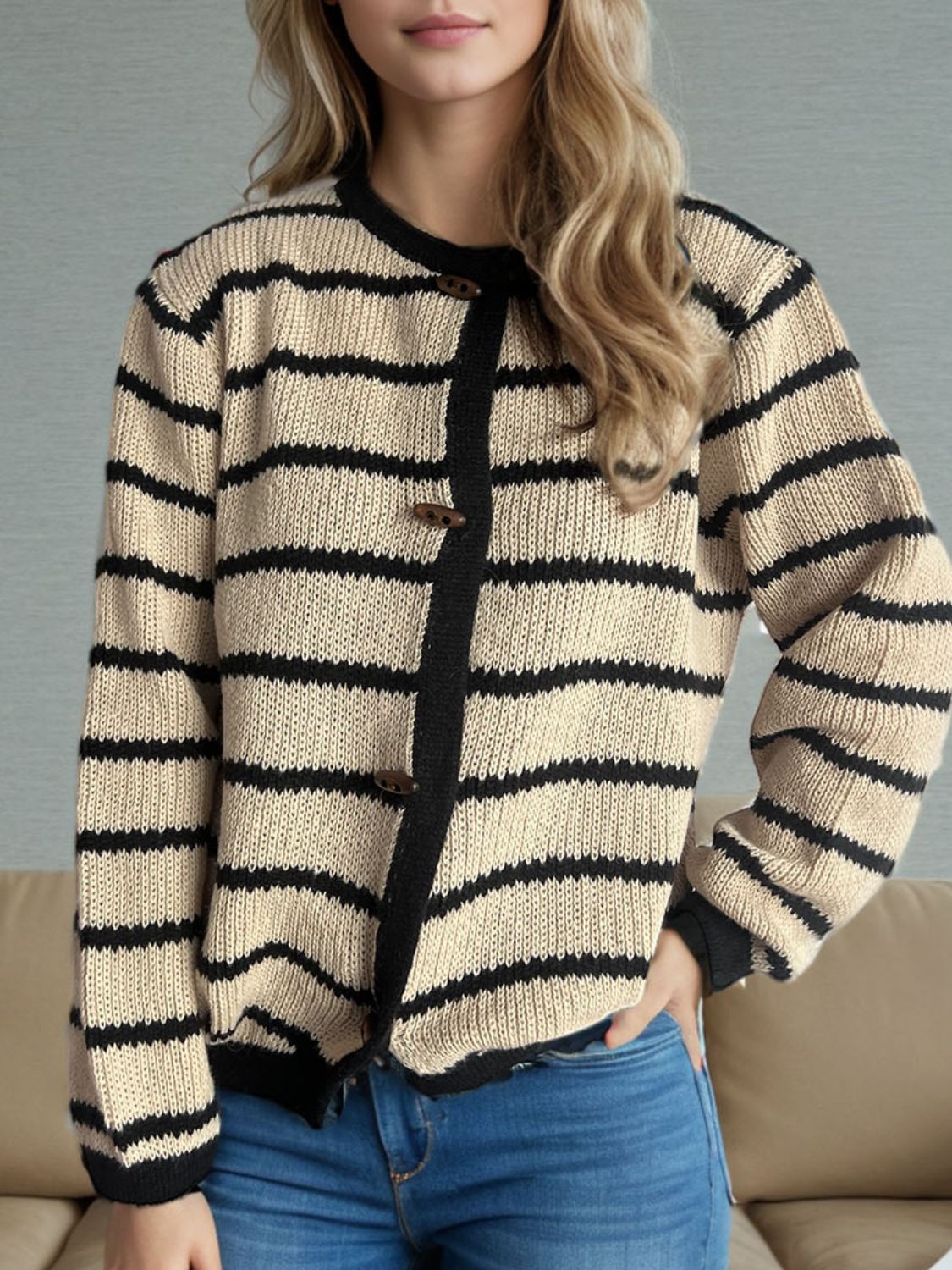 TEEK - Striped Round Neck Long Sleeve Cardigan TEEK Trend