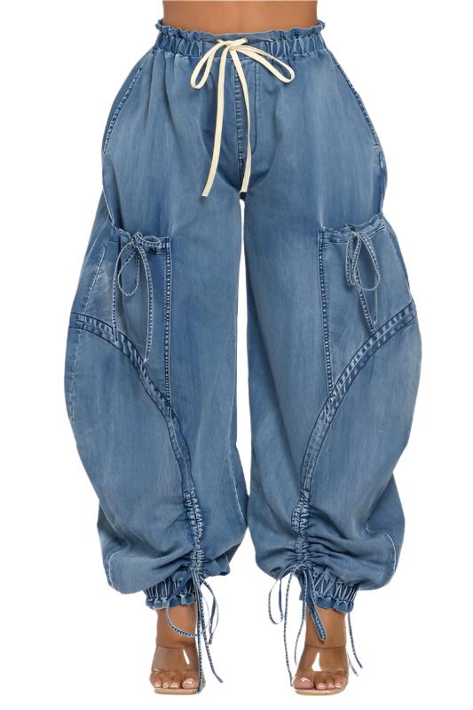 TEEK - Urban Chic Drawstring Denim Cargo Pants PANTS TEEK FG DENIM S 