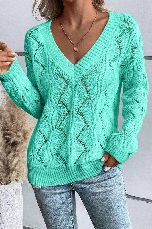 TEEK - Hollow Out Knit V Neck Drop Shoulder Sweater SWEATER TEEK FG   