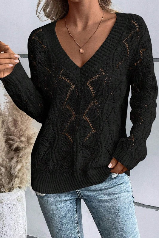 TEEK - Hollow Out Knit V Neck Drop Shoulder Sweater SWEATER TEEK FG BLACK S 