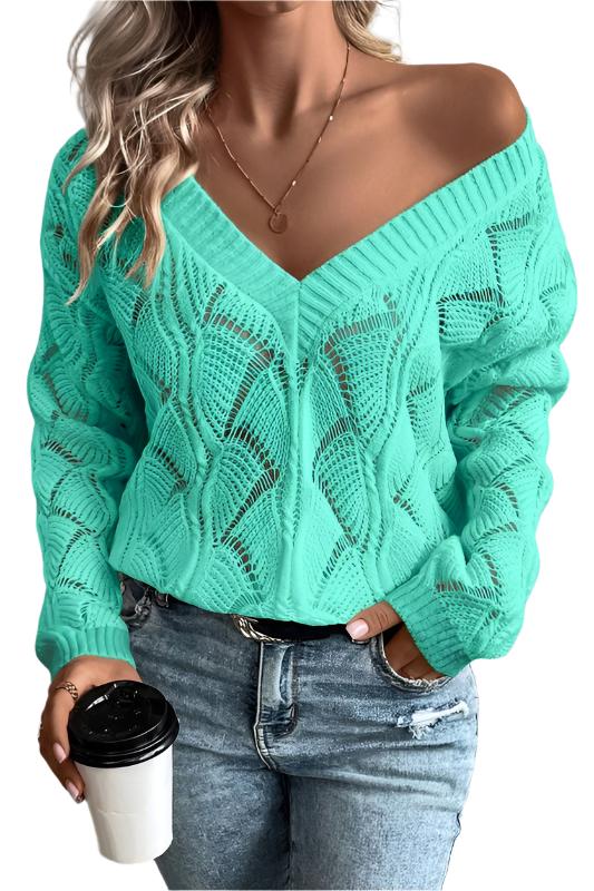 TEEK - Hollow Out Knit V Neck Drop Shoulder Sweater SWEATER TEEK FG GREEN S 