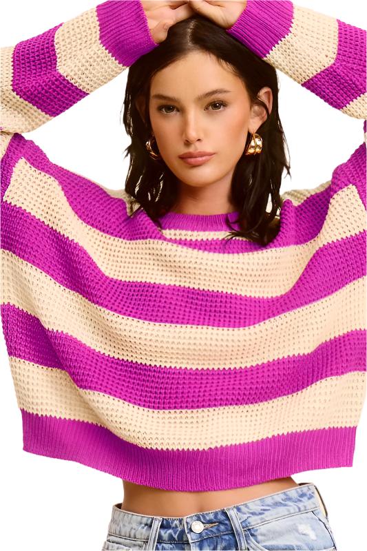 TEEK - Striped Round Neck Loose Fit Sweater TOPS TEEK MH FUCHSIA S