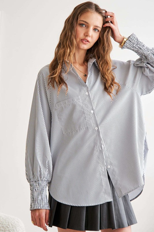 TEEK - Grey High-Low Striped Button Down Smocked Lantern Sleeve Shirt TOPS TEEK Trend