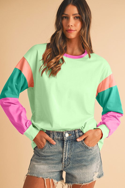 TEEK - Color Block Sleeve Loose Fit Top TOPS TEEK FG GREEN S 