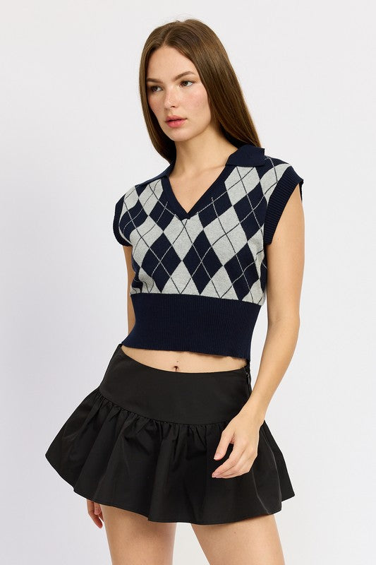 TEEK - NAVY COMBO ARGYLE CROPPED VEST TOPS TEEK FG