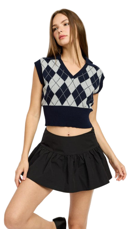 TEEK - NAVY COMBO ARGYLE CROPPED VEST TOPS TEEK FG NAVY COMBO S
