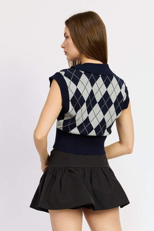 TEEK - NAVY COMBO ARGYLE CROPPED VEST TOPS TEEK FG